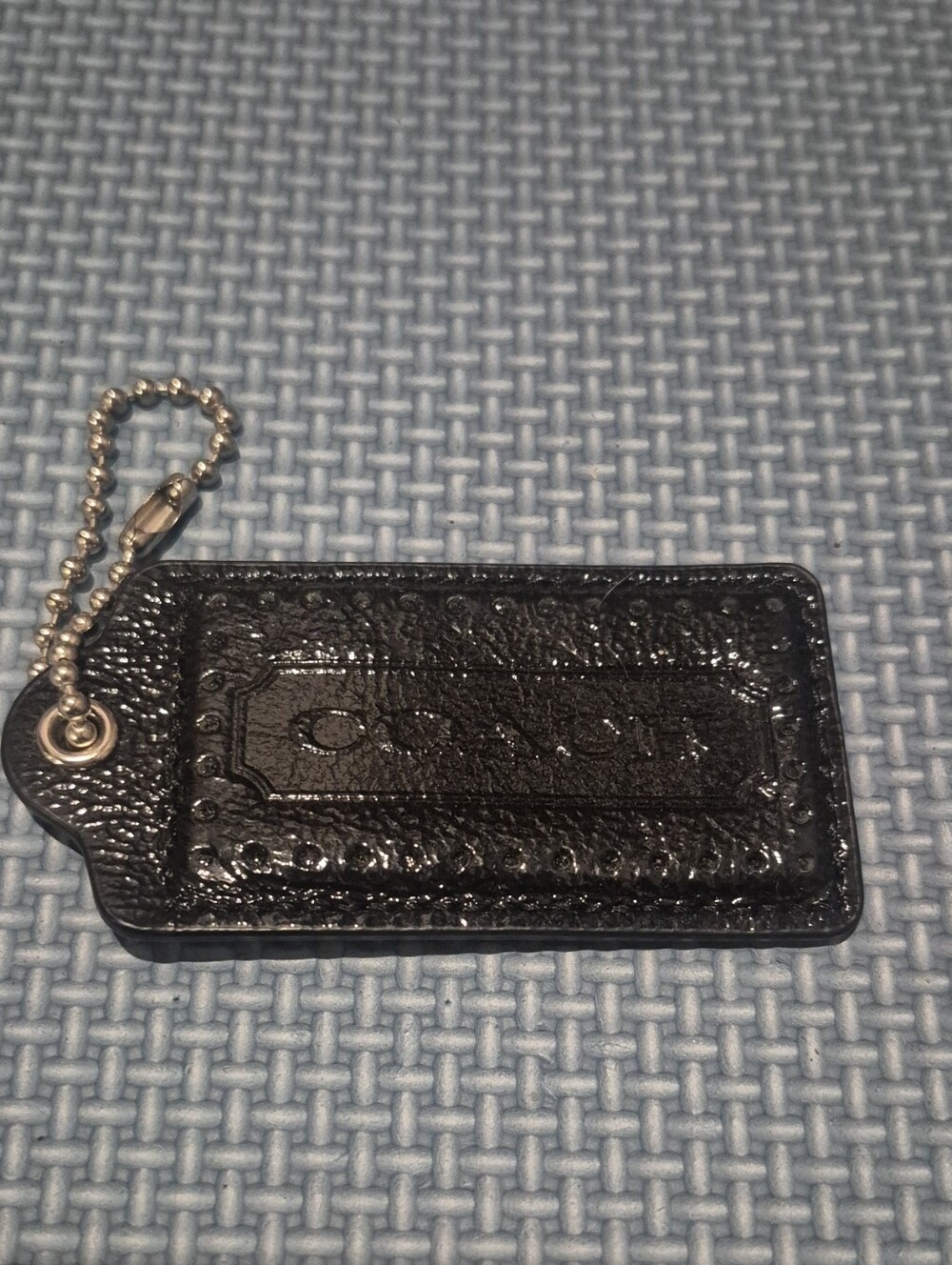 Coach 3.5 Inch Black Patent Leather Embossed Key Tag with Silver Ball Chain